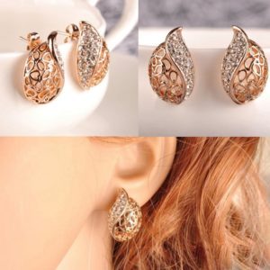 Fashion Hollow Leaf Gold Plated Rhinestone Earrings